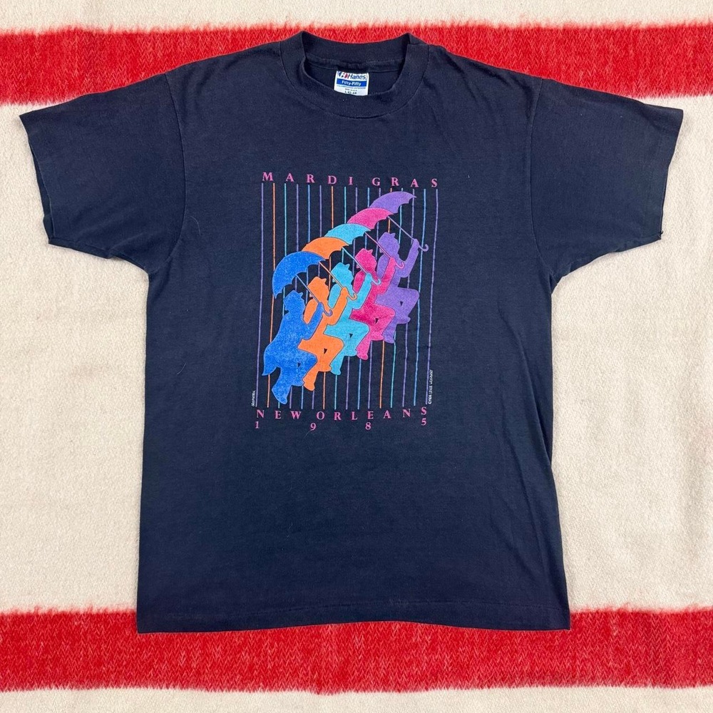Vintage 80s Mardi Gras New Orleans T-Shirt Hanes 1985 Black Made in USA L
